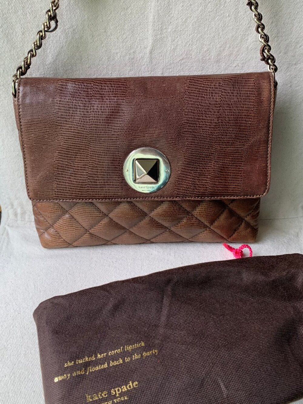 Kate Spade Gold Coast Charlize Brown Embossed Quilted Leather Flap Shoulder Bag